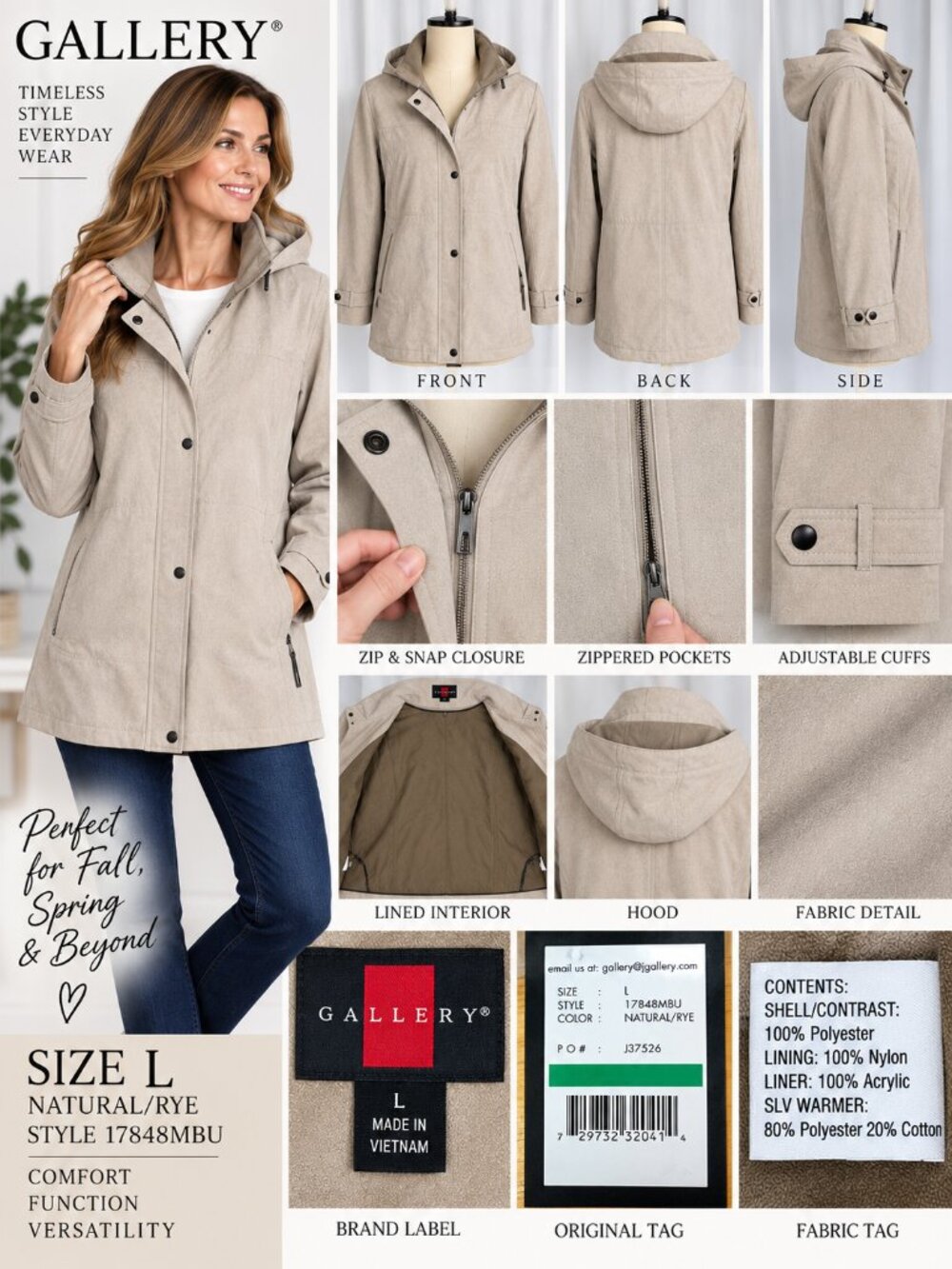 NWT Gallery Natural Rye Hooded Lined Jacket Coat Size L